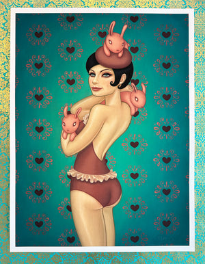 Illustration of a woman holding pink bunnies against a patterned background