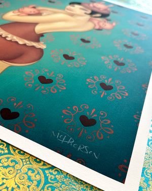 McPherson signature on a print of a woman with decorative elements on a teal background