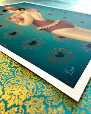 Poster with a stylized illustration of a woman on a decorative surface