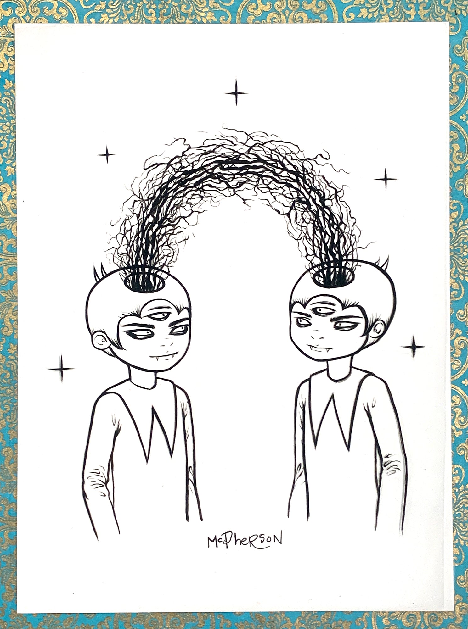 Illustration of two characters with stylized hair in a decorative frame.