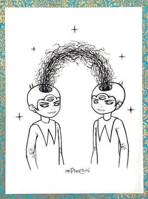 Illustration of two characters with stylized hair in a decorative frame.