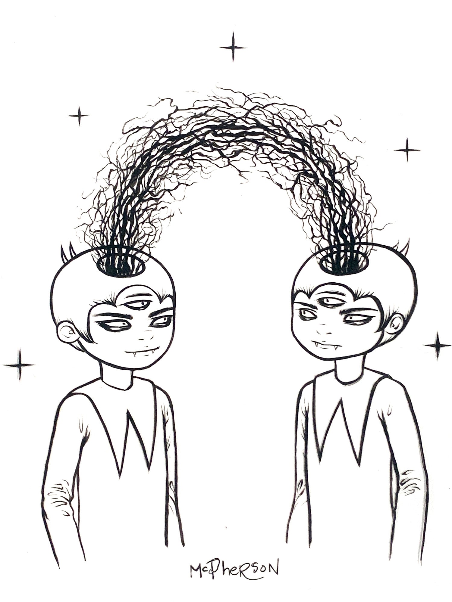 Black and white illustration of two characters with unique hairstyles, signed by McPherson.