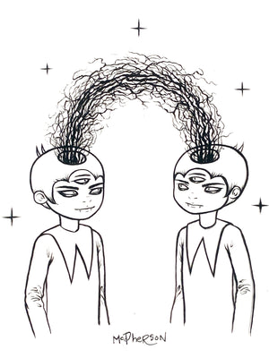 Black and white illustration of two characters with unique hairstyles, signed by McPherson.