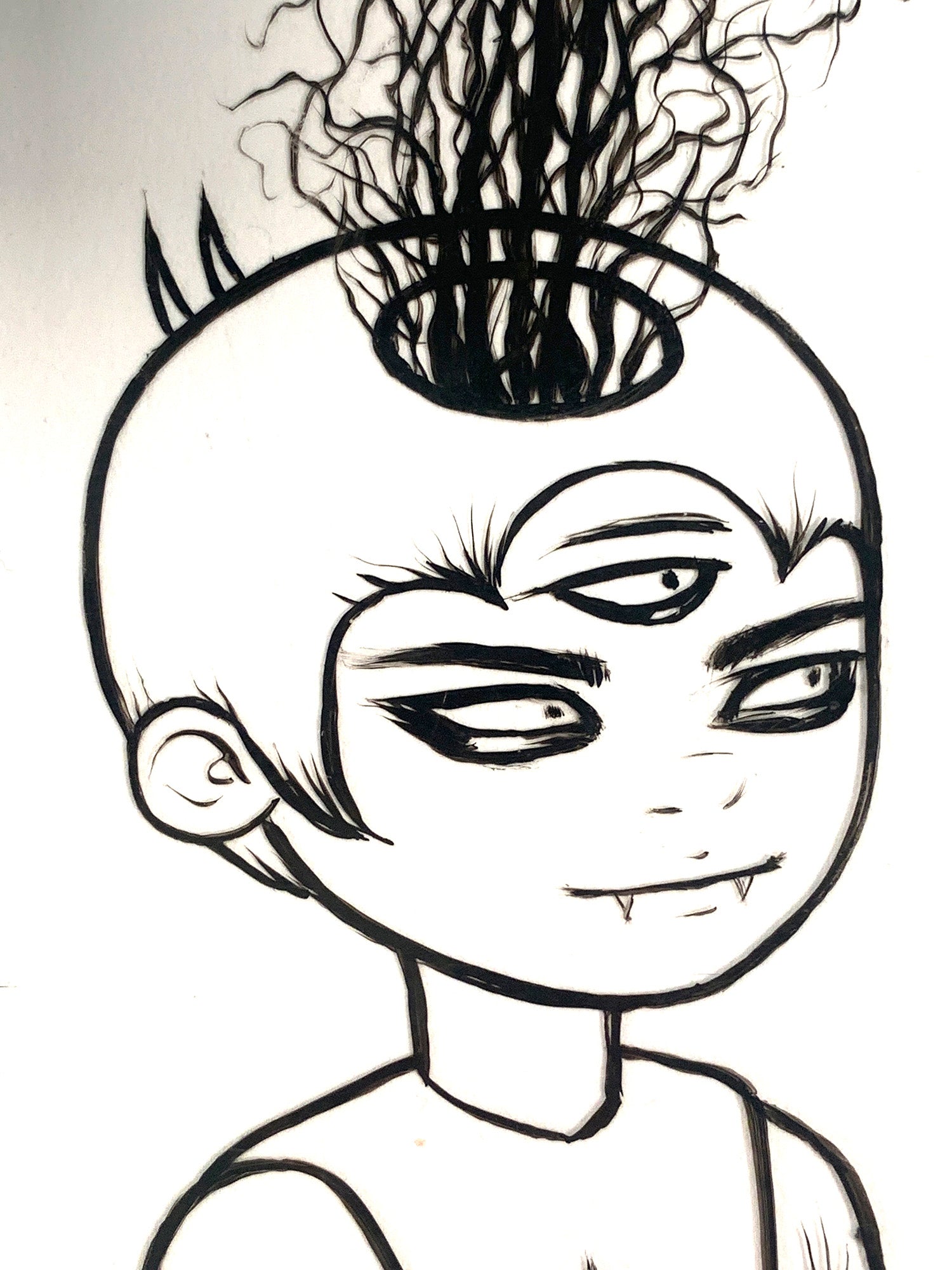 Cartoon character with a unique hairstyle on a white background