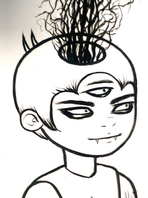Cartoon character with a unique hairstyle on a white background