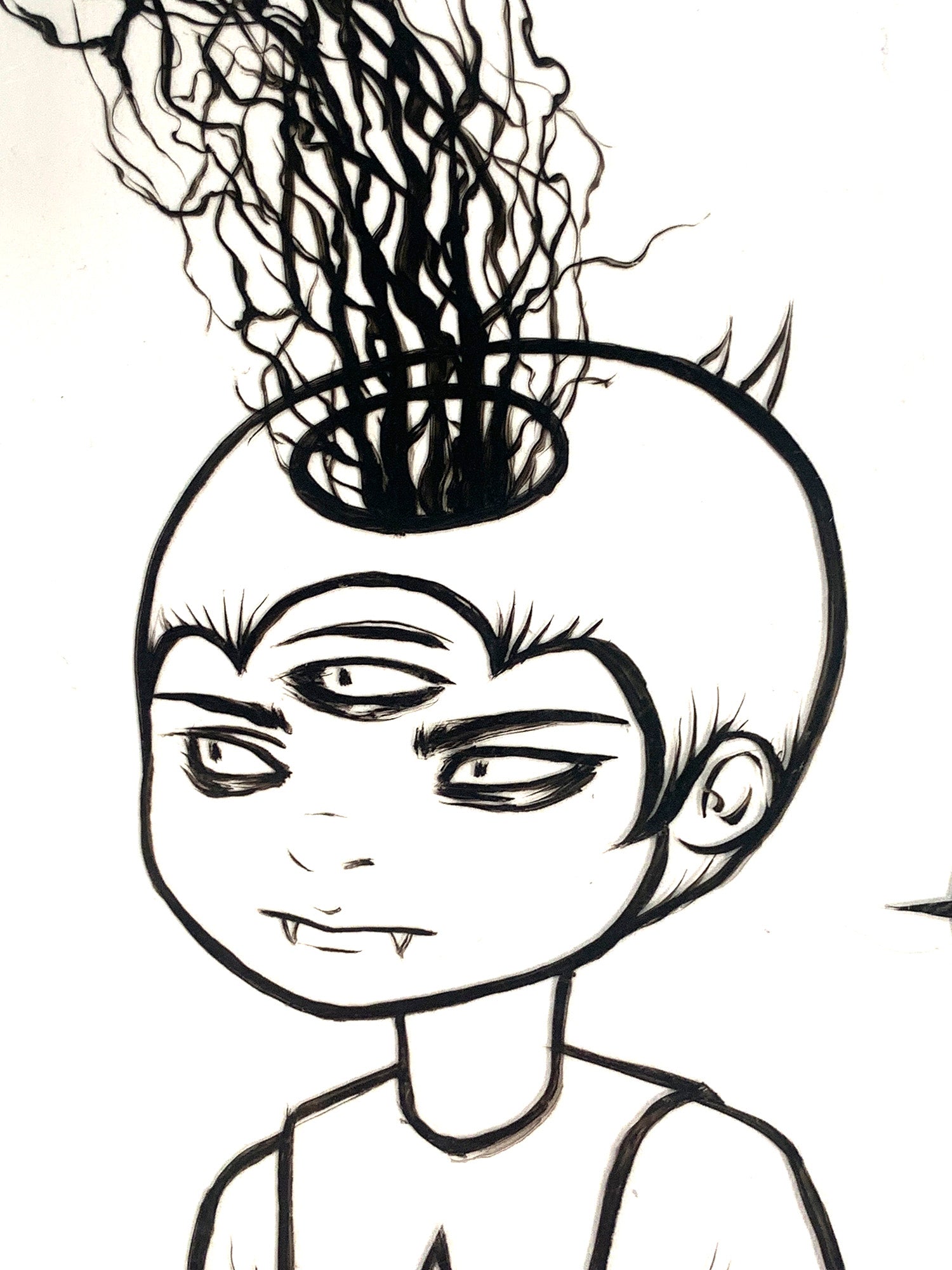Black and white line drawing of a character with stylized hair and intense gaze.