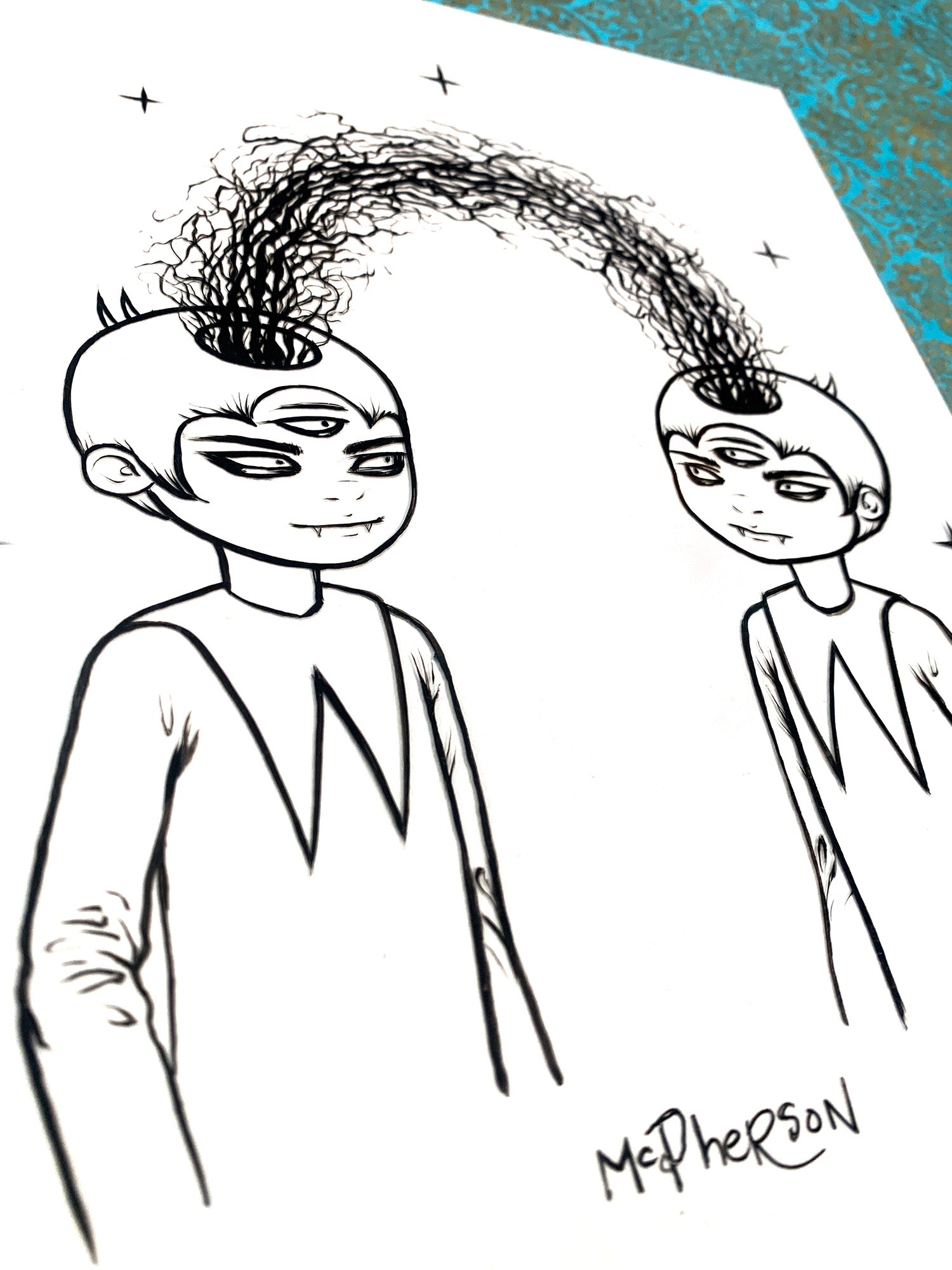Black and white line drawing of two characters with unique hairstyles on a white background.