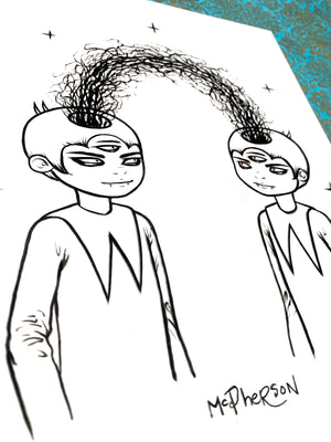 Black and white line drawing of two characters with unique hairstyles on a white background.