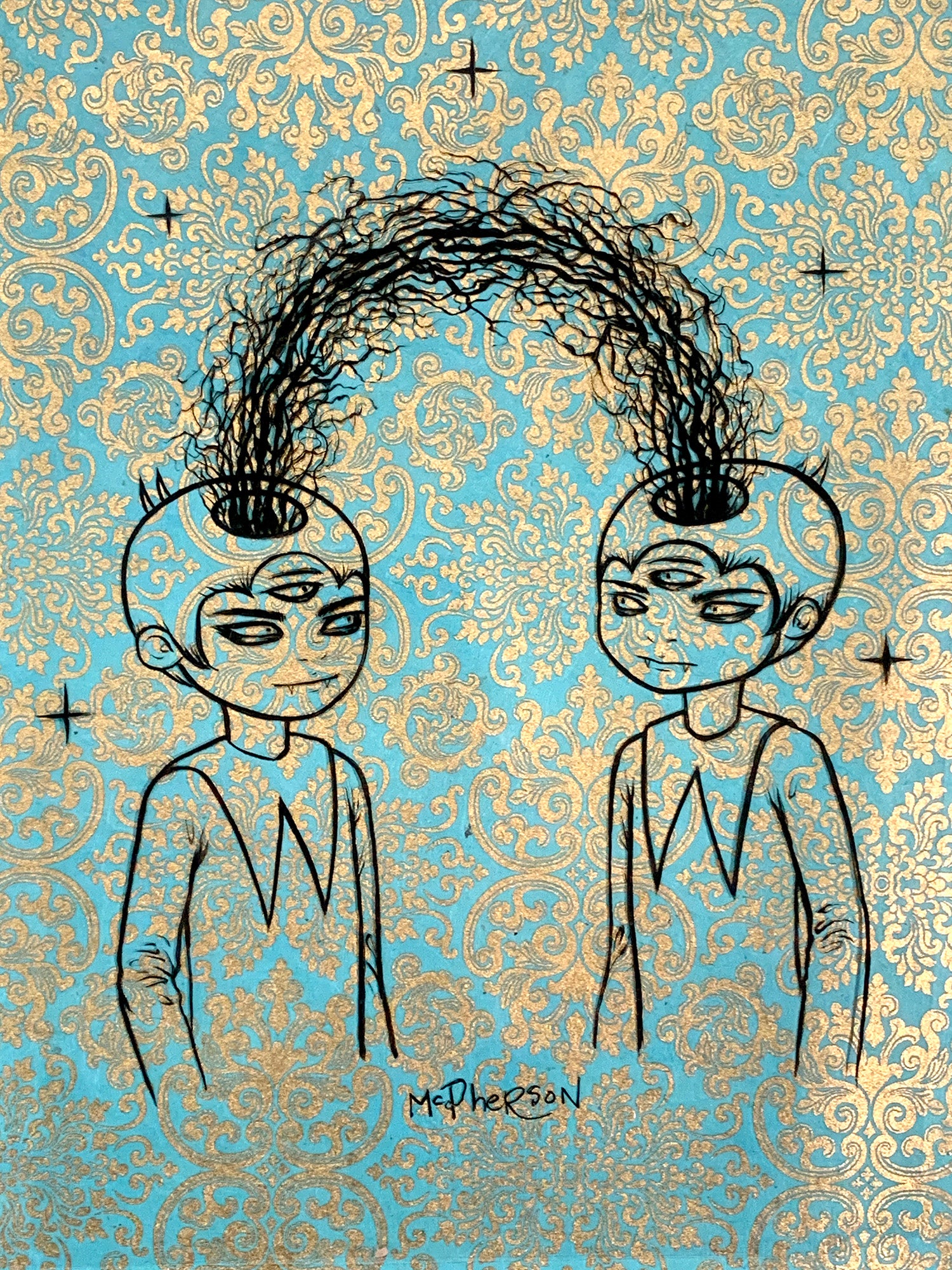 Two stylized figures with messy hair on a decorative blue and gold background
