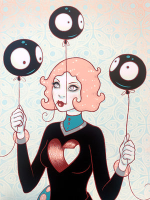 Illustration of a character with pink hair holding three black balloons with eyes on a patterned background.