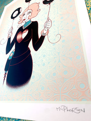 Animated character with a black space suite and pink hair against a patterned background