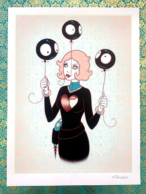 Illustration of a woman holding balloons with big eyes on a patterned background