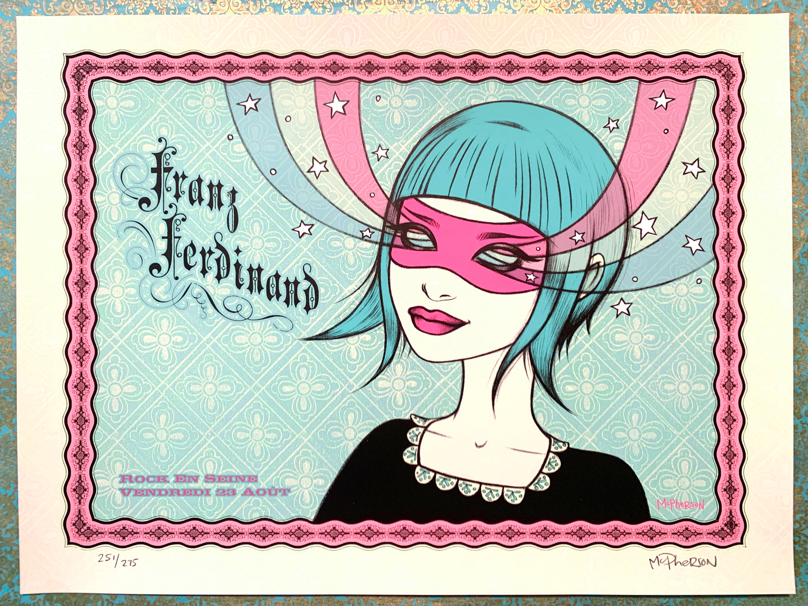Illustration of a woman with blue hair and a pink mask, framed by decorative elements and text. 