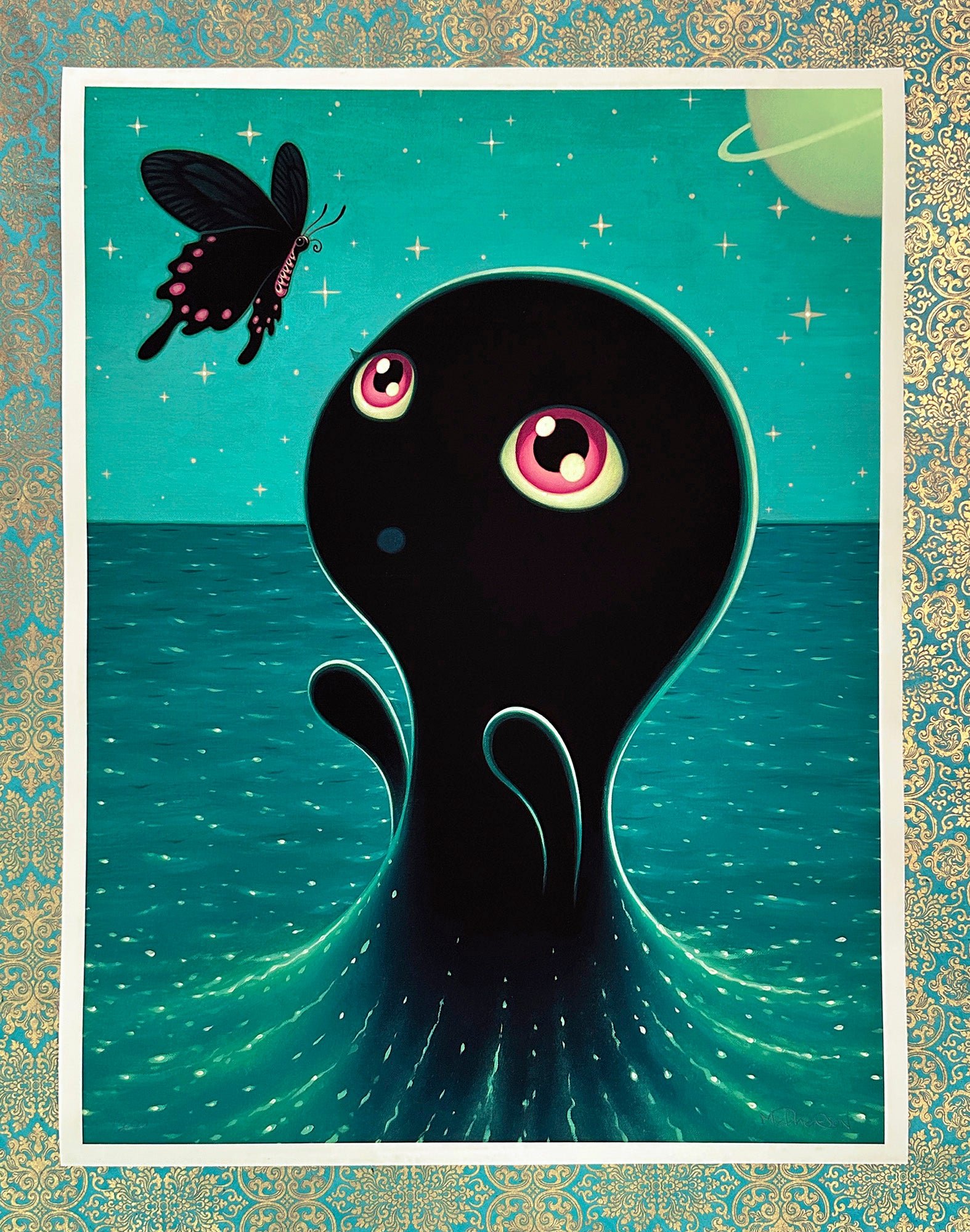 Illustration of a Umibozu with large eyes and a butterfly on a starry night sky background.