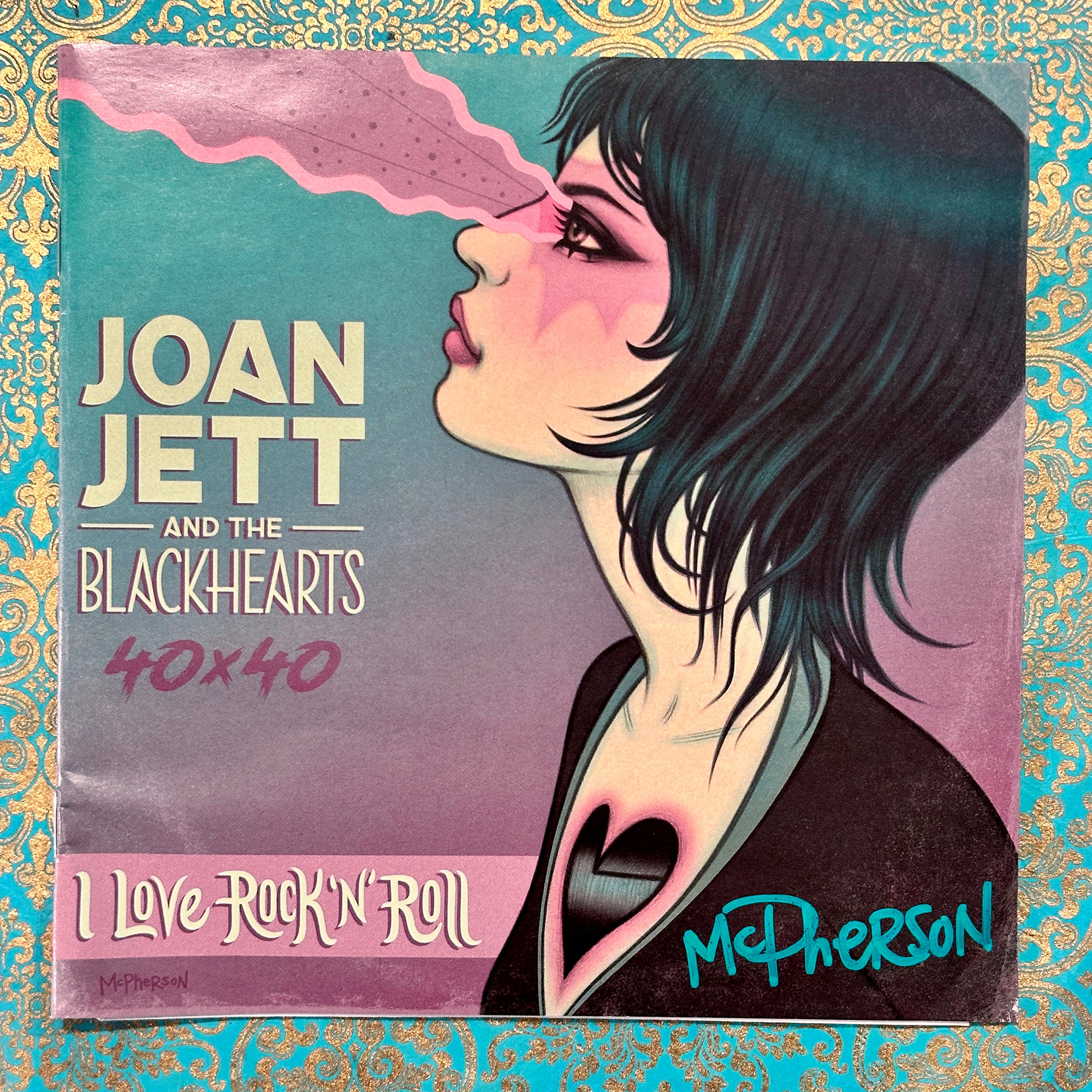 Album cover of Joan Jett and the Blackhearts' '40x40 I Love Rock'n'Roll' with a stylized illustration of a woman blowing smoke.