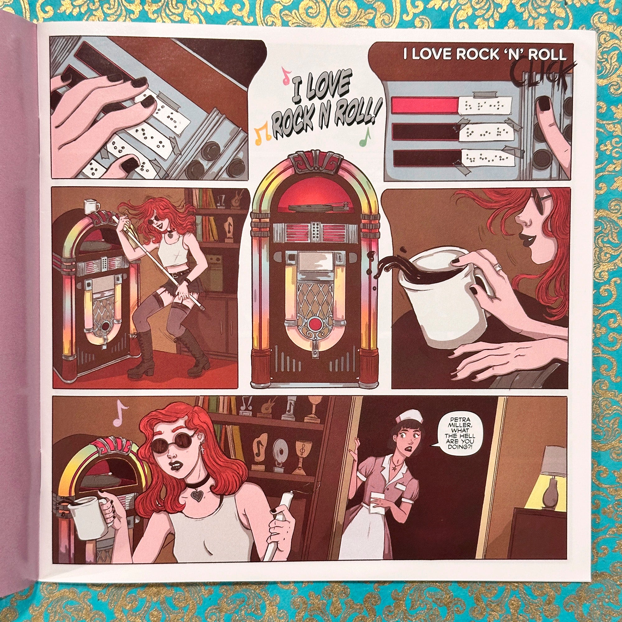 Illustrated comic strip with a jukebox, woman with red hair, and text 'I Love Rock 'N' Roll' on a decorative background.