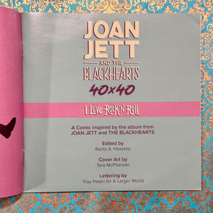 Book cover of 'Joan Jett and the Blackhearts 40x40 I Love Rock 'N' Roll' on a decorative background