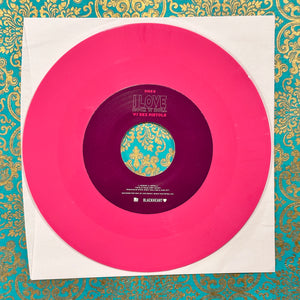 Vinyl record with a pink outer sleeve and purple inner label on a decorative background