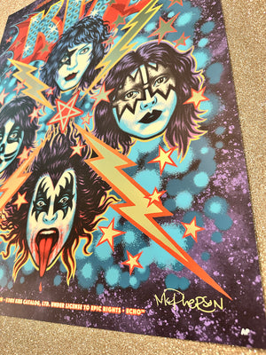 Colorful poster of KISS band members with lightning bolts and stars on a dark background.