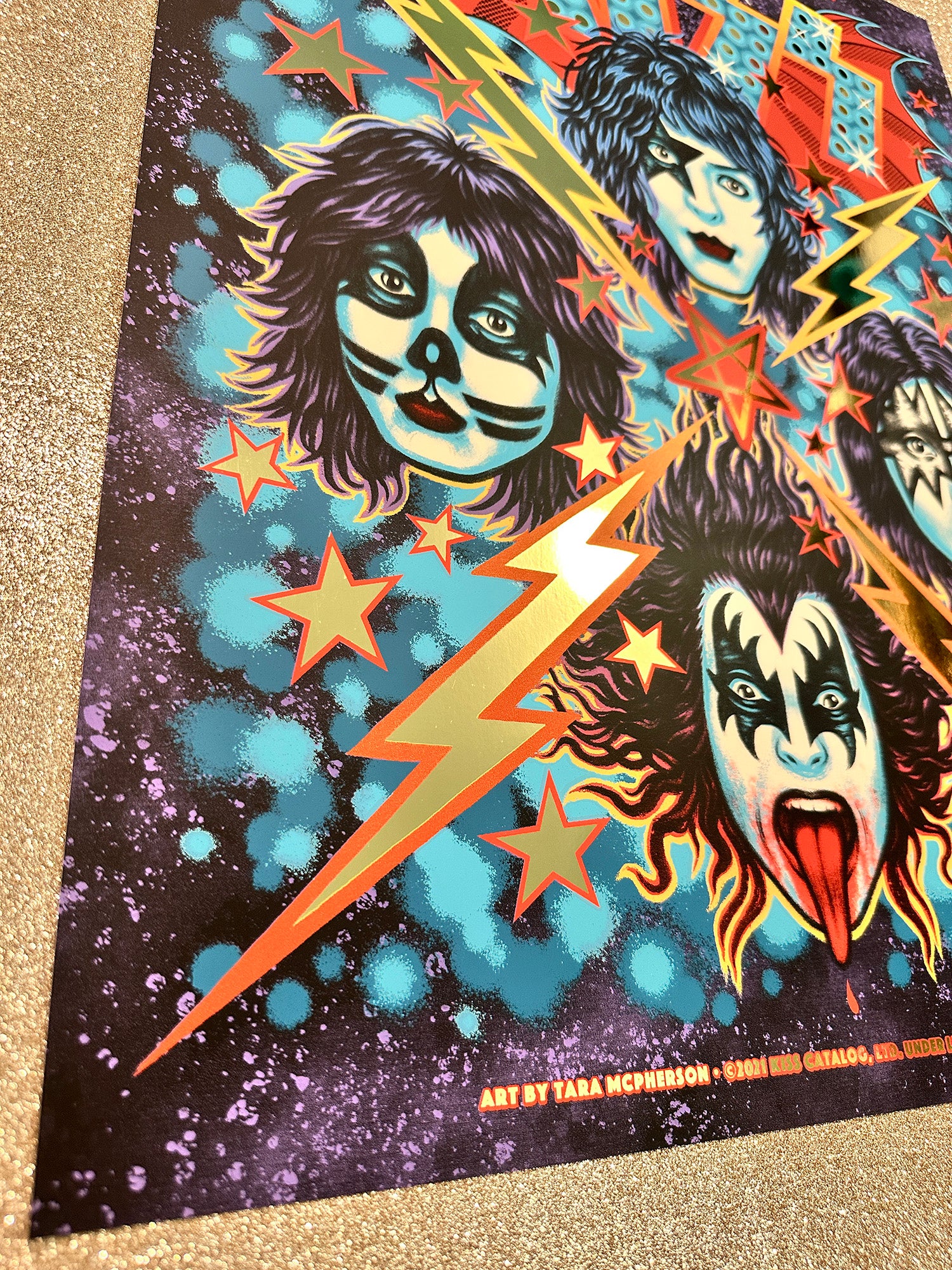 Colorful poster with stylized faces and lightning bolts on a starry background