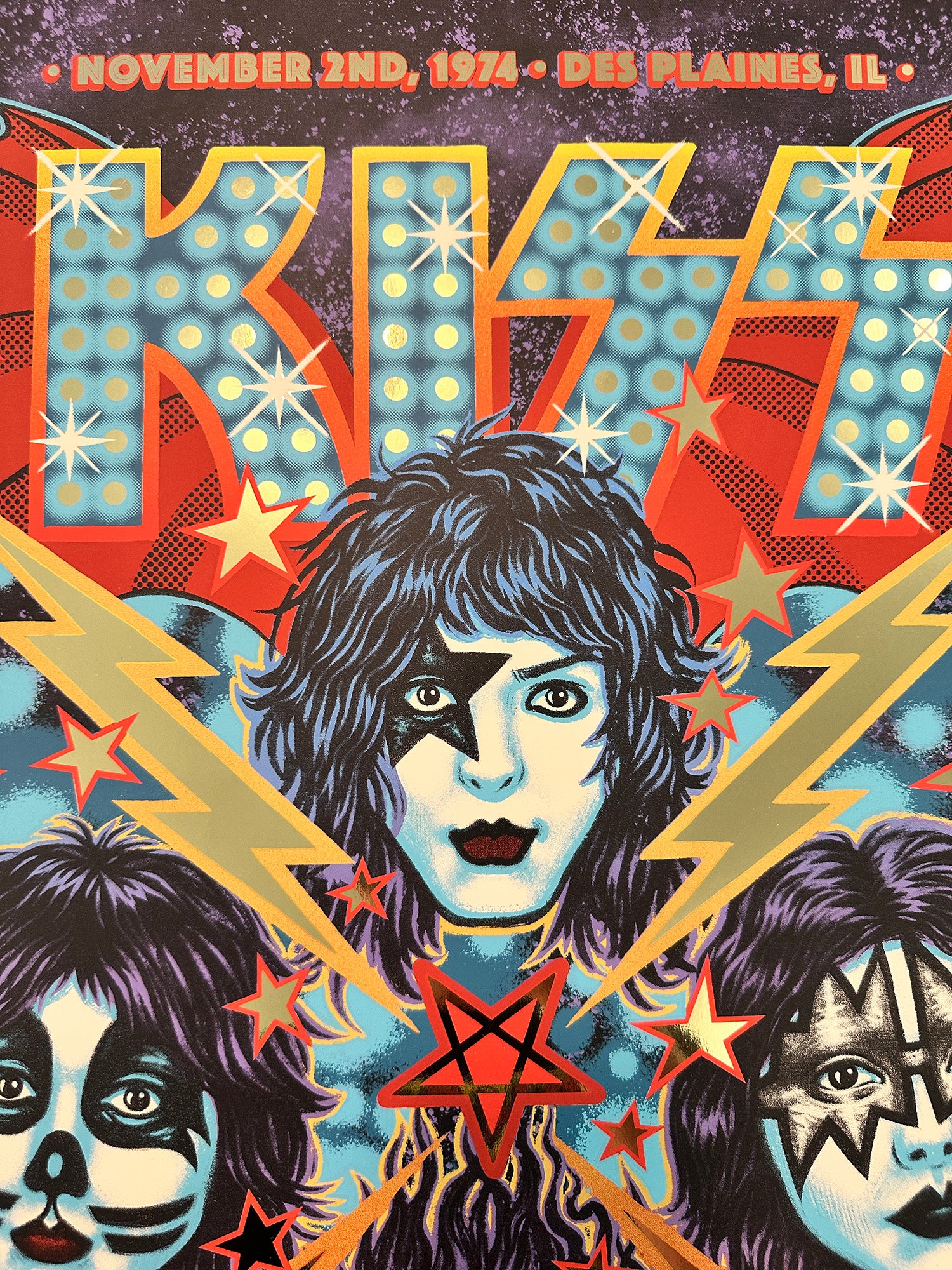 KISS concert poster with band members' faces and colorful design elements.