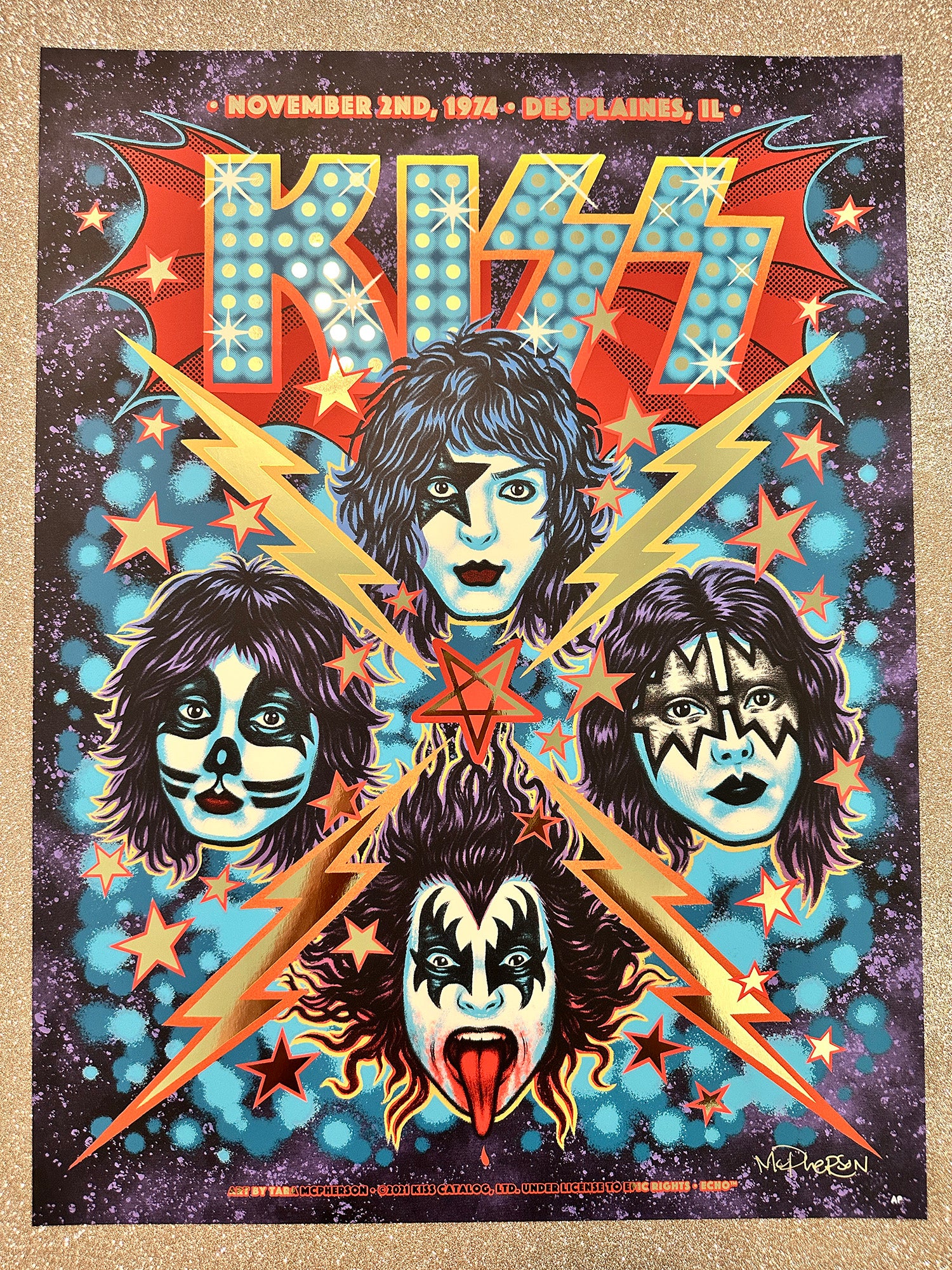 Rock Poster by Tara McPherson for the rock band KISS. Featuring an illustration of each member of the band with lightning bolts and stars