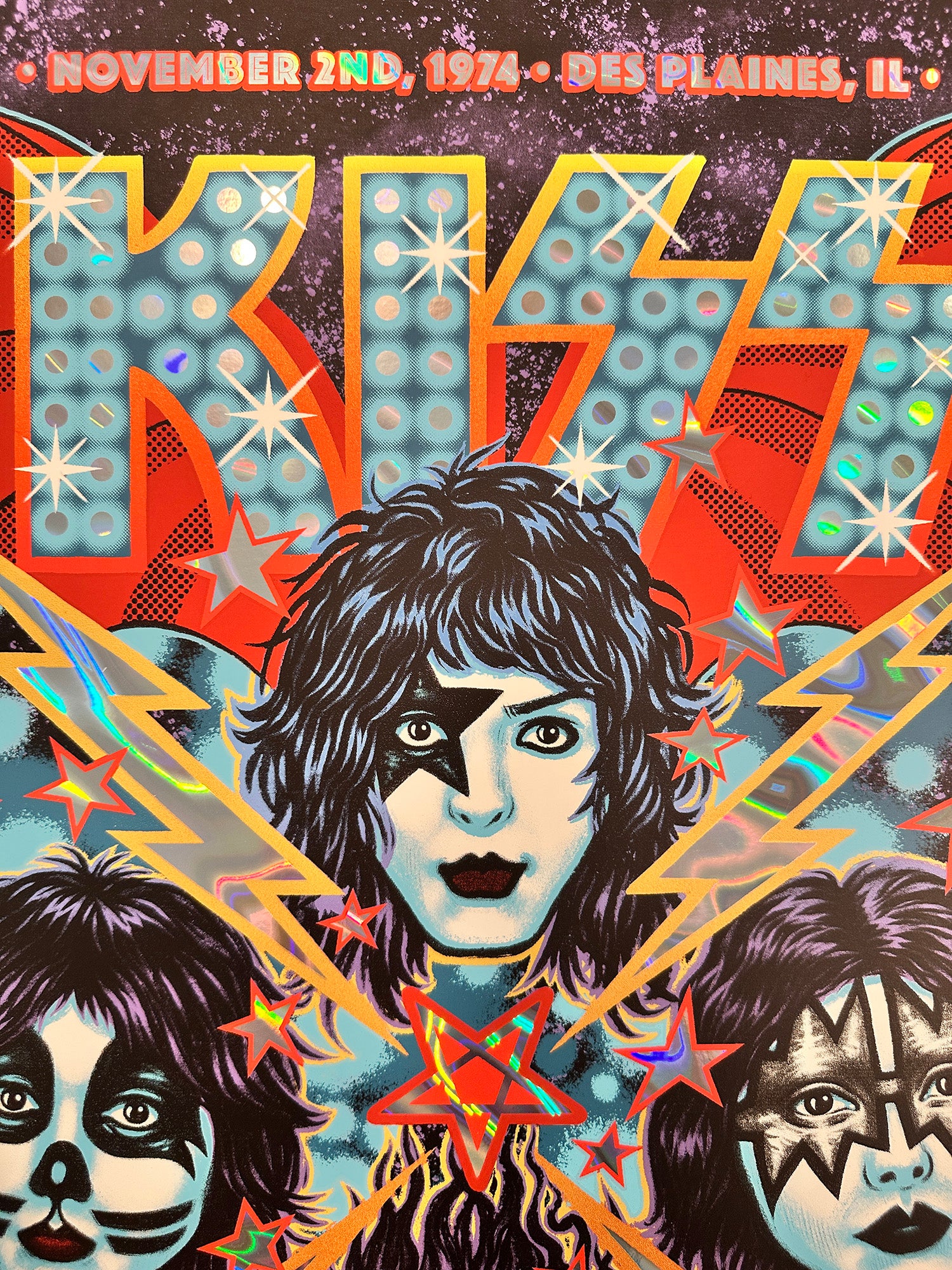 Kiss concert poster with band members' faces and event details
