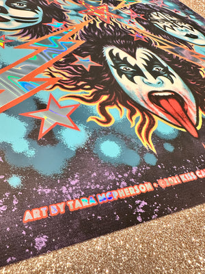 Colorful graphic design with a face and star on a textured surface