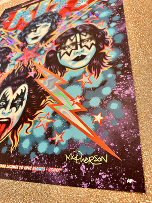 Colorful poster with KISS band members and a lightning bolt design on a glittery surface.