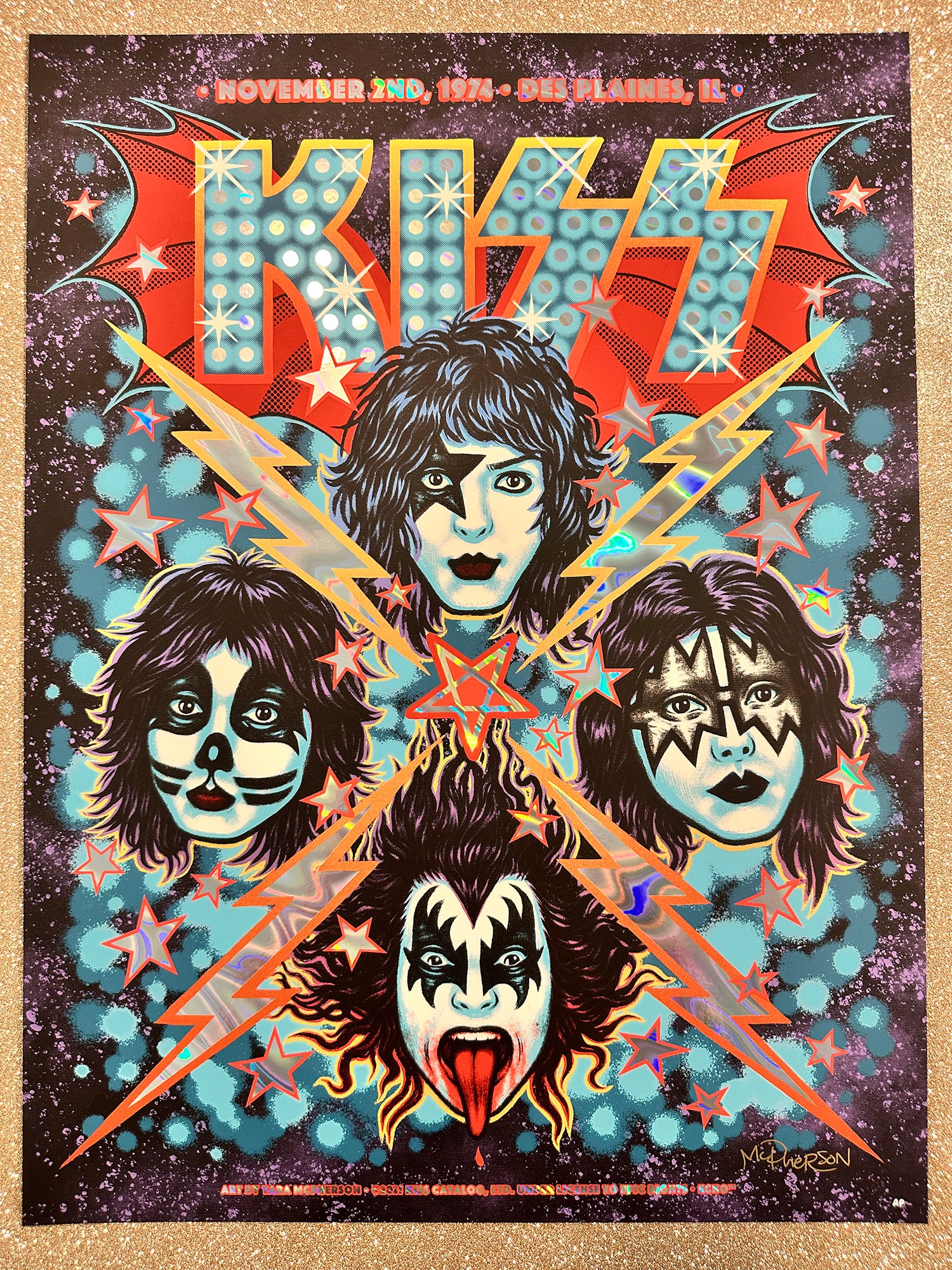 Kiss band members with colorful makeup on a starry background, featuring the band name 'Kiss'.