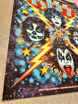 Colorful poster with stylized faces and lightning bolts on a dark background