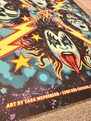 Colorful graphic with a stylized face, stars, and lightning bolts on a dark background.
