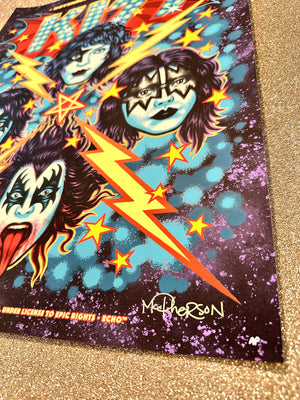 Kiss-themed poster with colorful graphics on a glittery surface