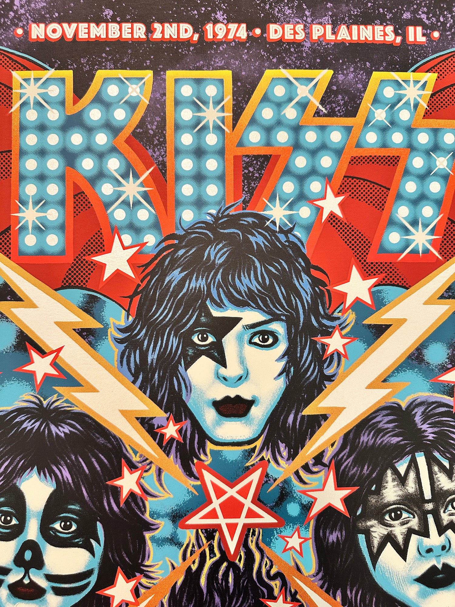 Vintage-style concert poster for KISS featuring band members and event details.