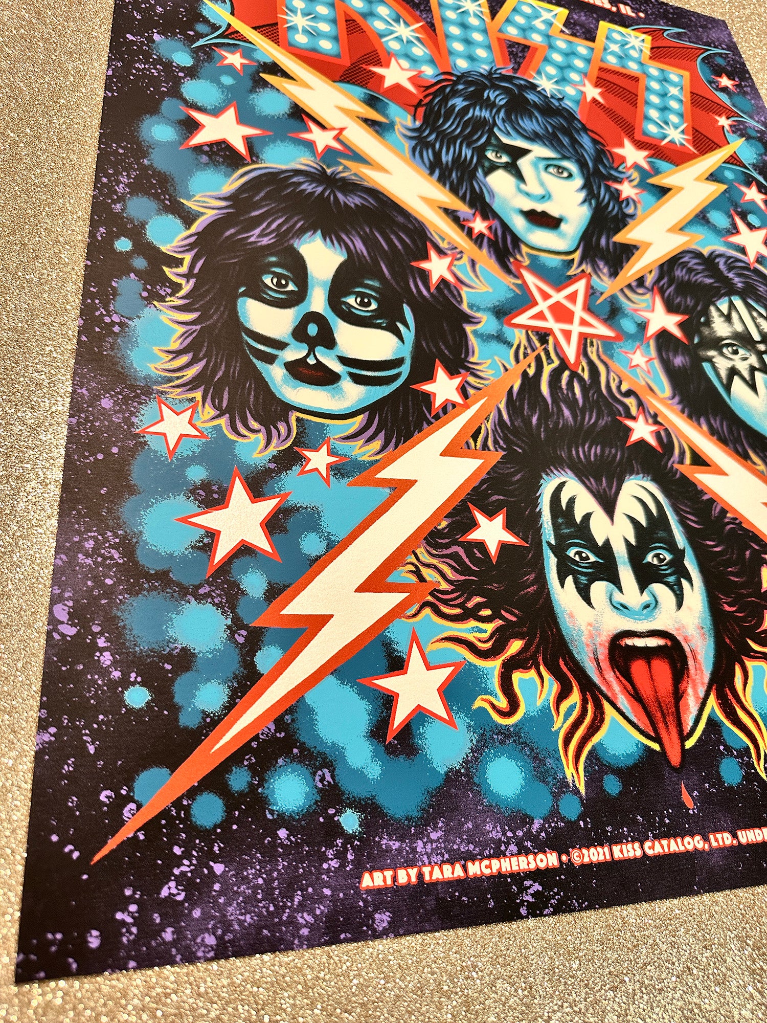 Poster with stylized faces and lightning bolts on a dark background