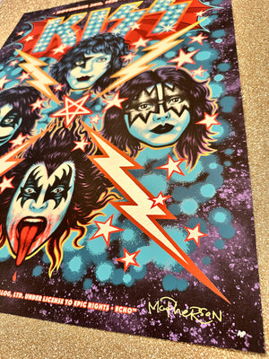 KISS poster with band members and lightning bolts on a dark background