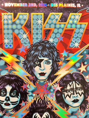 KISS concert poster with colorful design and band members' faces.