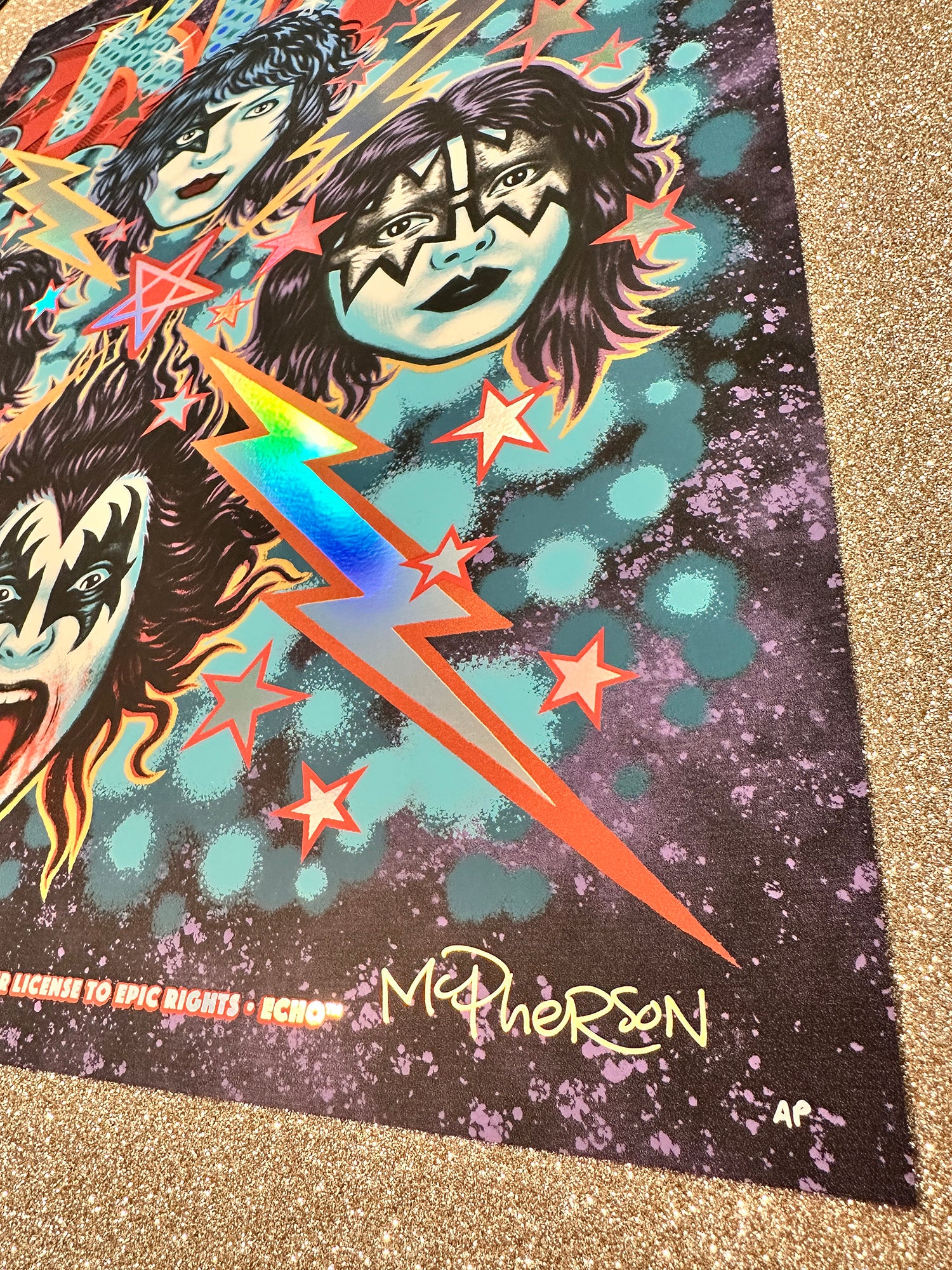 Colorful poster with graphic design of faces and a lightning bolt on a textured surface.