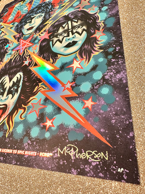 Colorful poster with graphic design of faces and a lightning bolt on a textured surface.