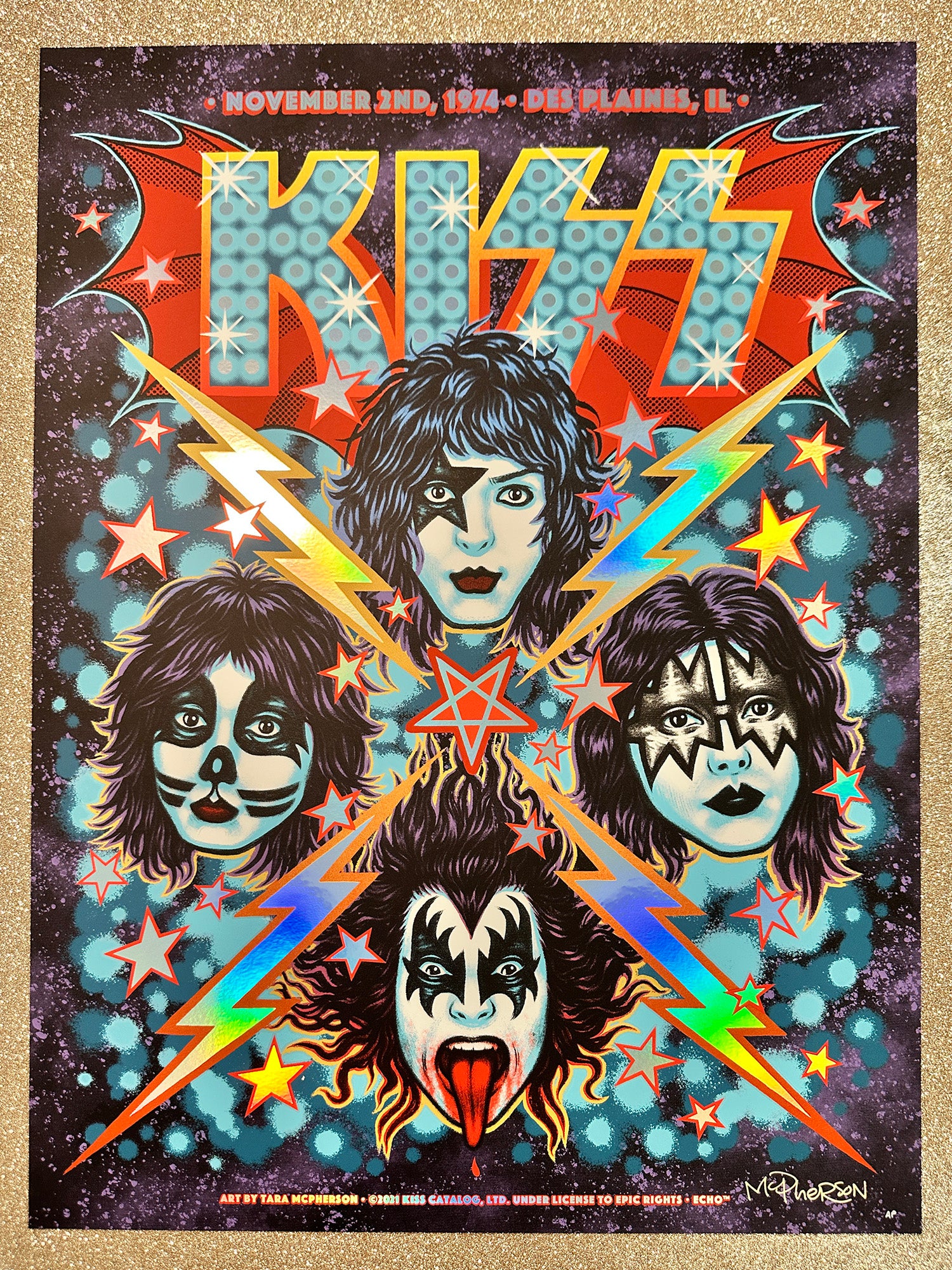 KISS band members' faces with colorful lightning bolts on a dark background