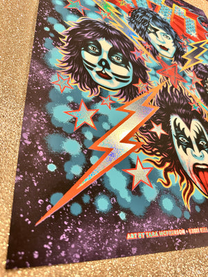 Colorful poster with stylized faces and a lightning bolt on a starry background