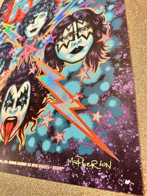 Colorful poster with three faces and a lightning bolt design on a dark background.