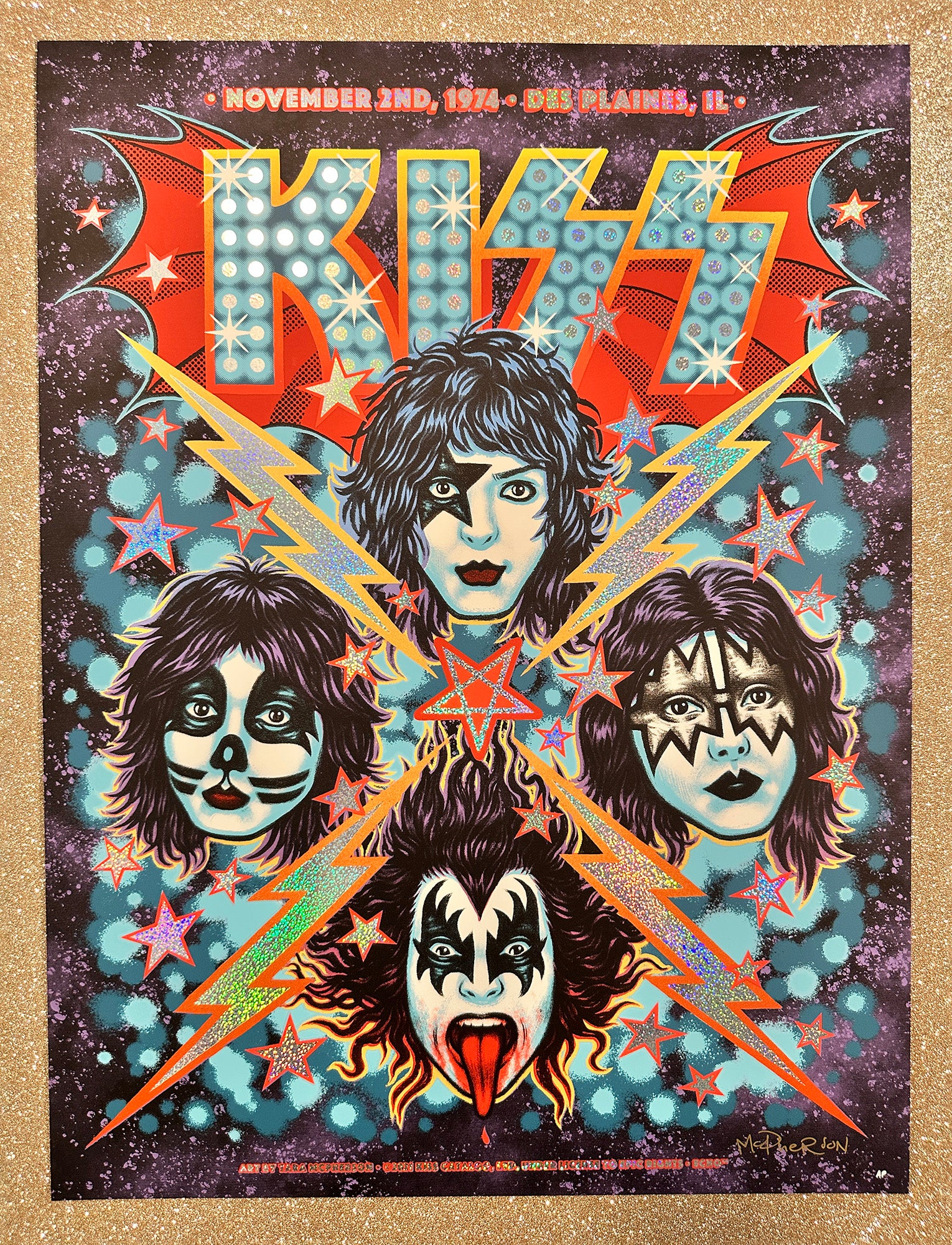 Kiss band members on a colorful poster with text