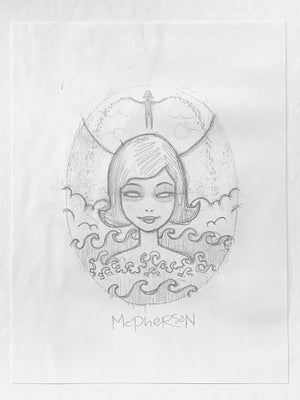 Pencil drawing of a woman's face with decorative elements on a white background