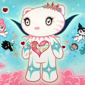 Cartoon cat character with a heart design on a colorful background