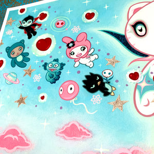 Colorful cartoon characters on a blue background with stars and hearts.