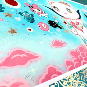 Detail view of Tara's AP numbering on Supernova Hello Kitty print