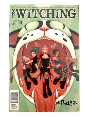 The Witching Version comic book issue 10, featuring a stylized illustration of three women inside a giant cat's open mouth on a light green background. Signed by Tara McPherson 