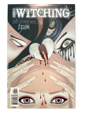The Witching comic book cover from Marvel, featuring stylized illustrated faces, a cracked white heart with red blood, and the title 'The Witching' at the top. Signed by Tara McPherson