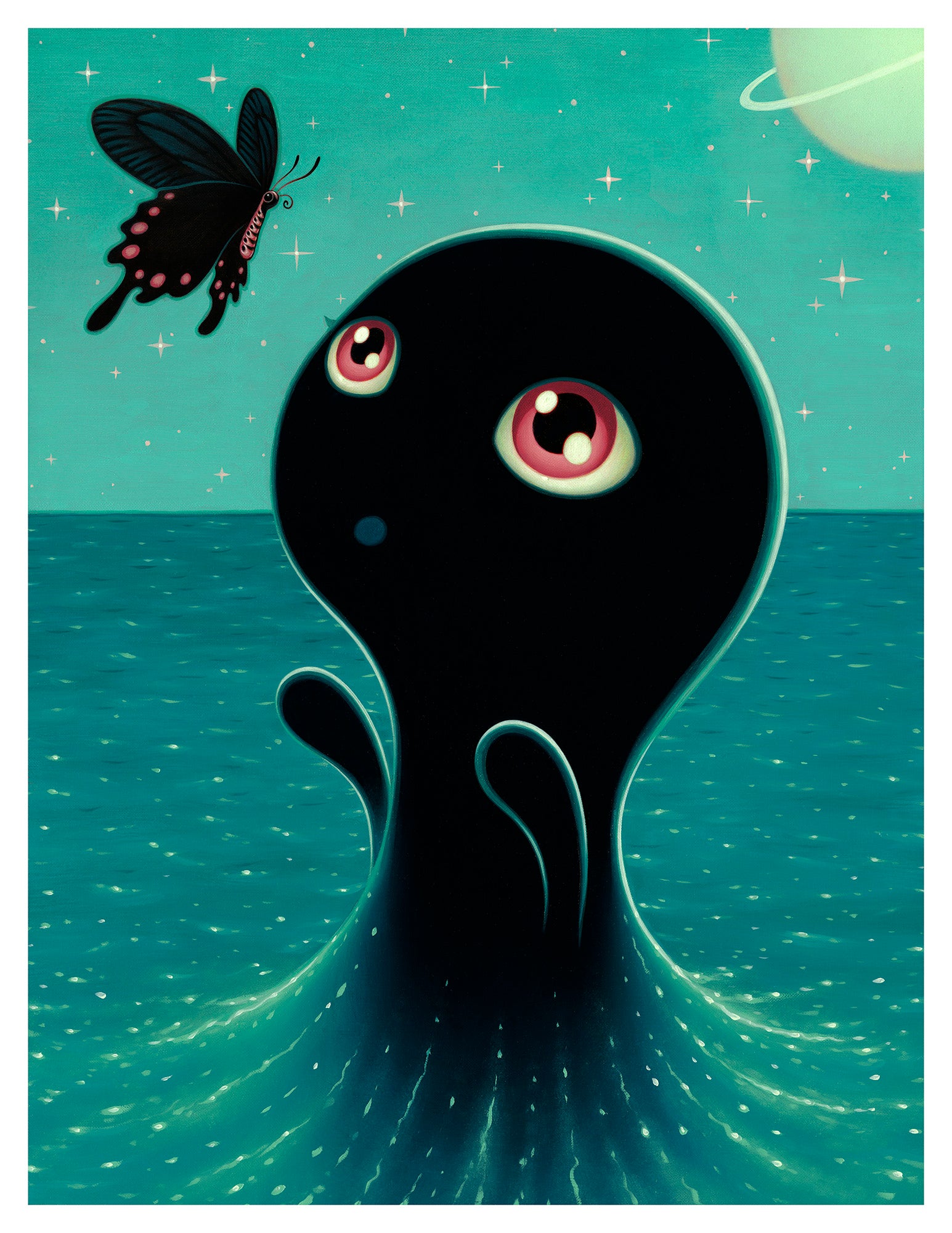 Umibozu with large eyes looking at a butterfly against a spacey night sky